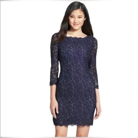 ADRIANNA PAPELL EVENING Anthropologie Navy Lace Overlay Back Zip 8 Square Neck - Picture 3 of 16